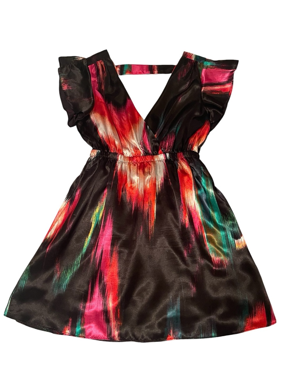 Charlotte Russe Black Multicolor Satin V-Neck Fit and Flare Party Dress Sz M - Picture 4 of 10